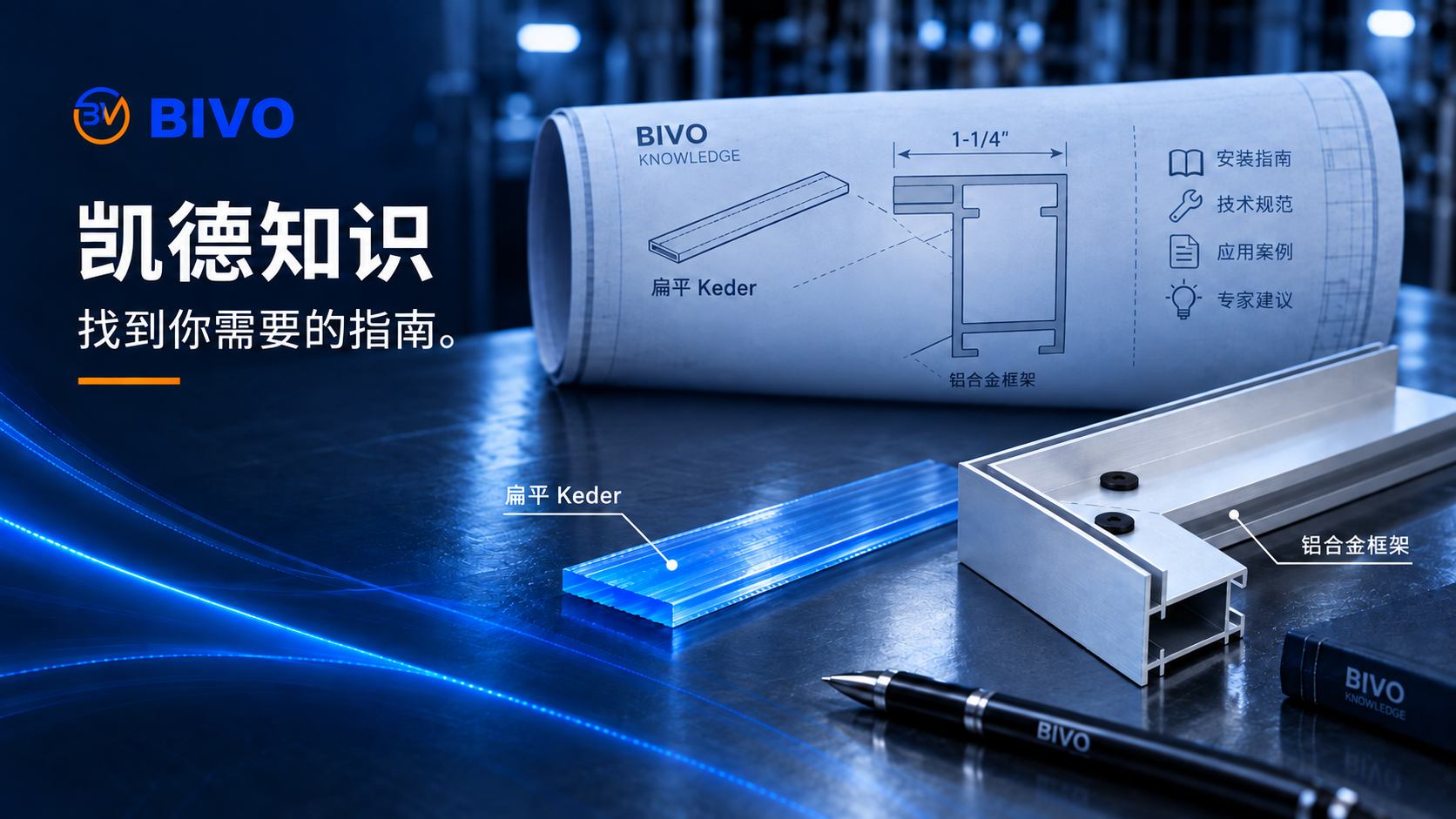 Flat Keder and aluminum frame illustration with technical drawings